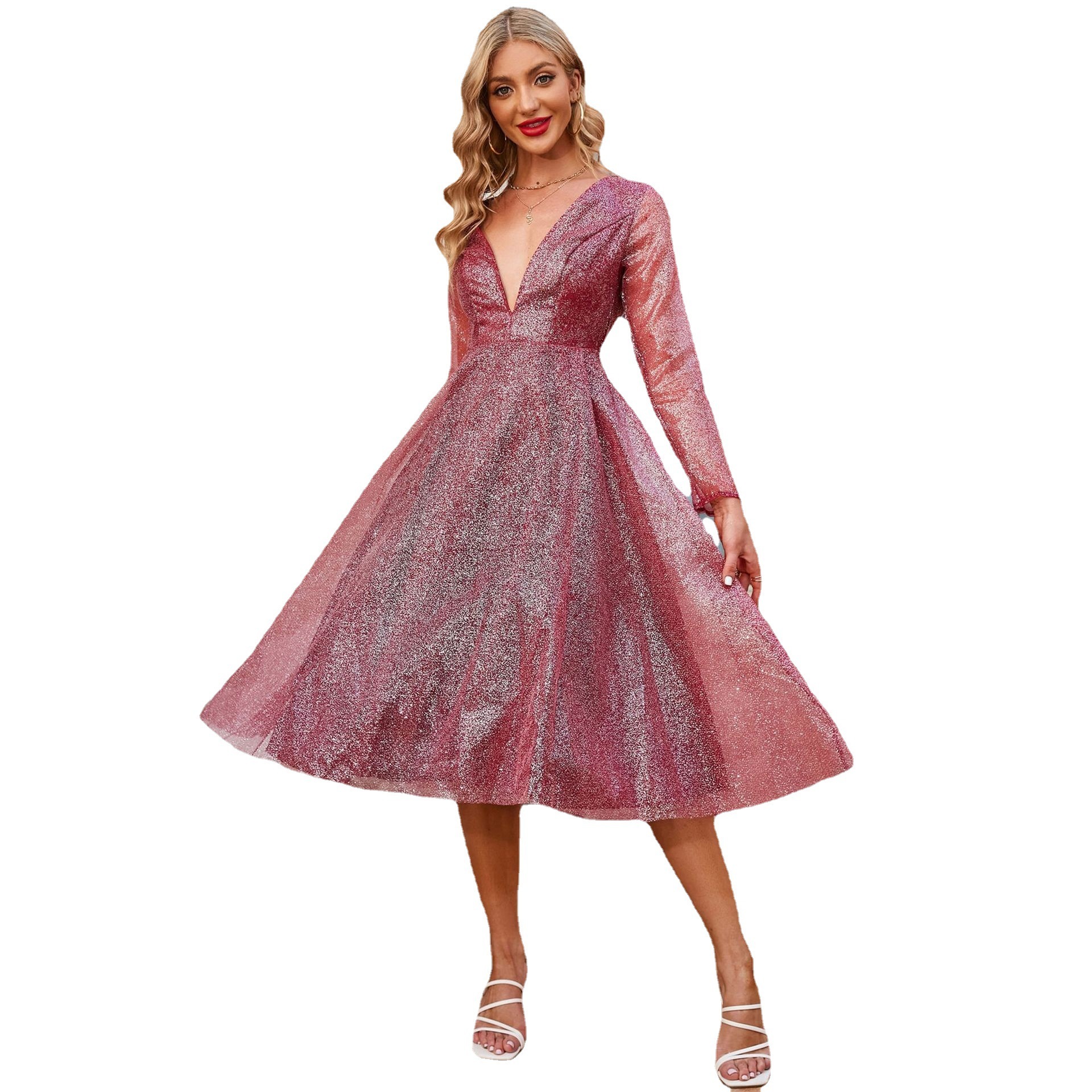 Gilded long sleeved V-neck dress new womens princess dress group