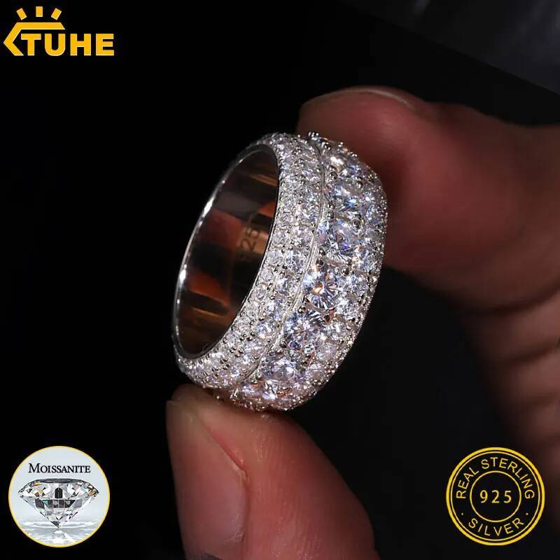 Fine VVS1 With Certificate Moissanite For Men Pave Setting S Sterling Sier Rings Hip Hop Jewelry