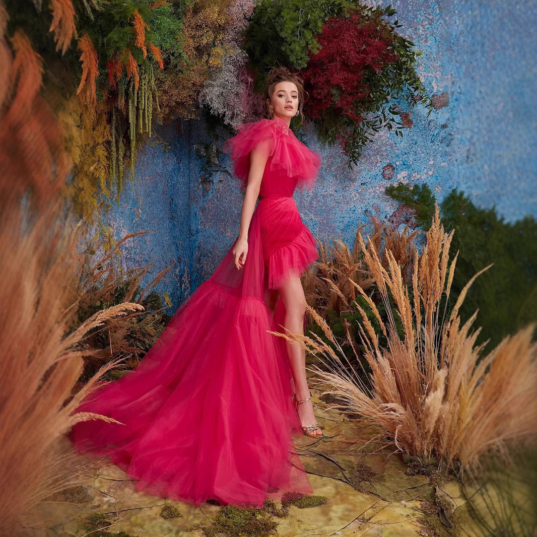 New Solid Color Single Shoulder Spring/Summer Mesh Tailored Banquet Slimming Hip hugging Evening Dress Set Two Piece