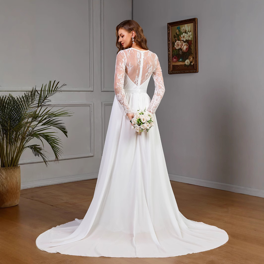 New Womens Sexy Lace Long Sleeve Wedding Dress with Chest Cotton Pendant Dress in White