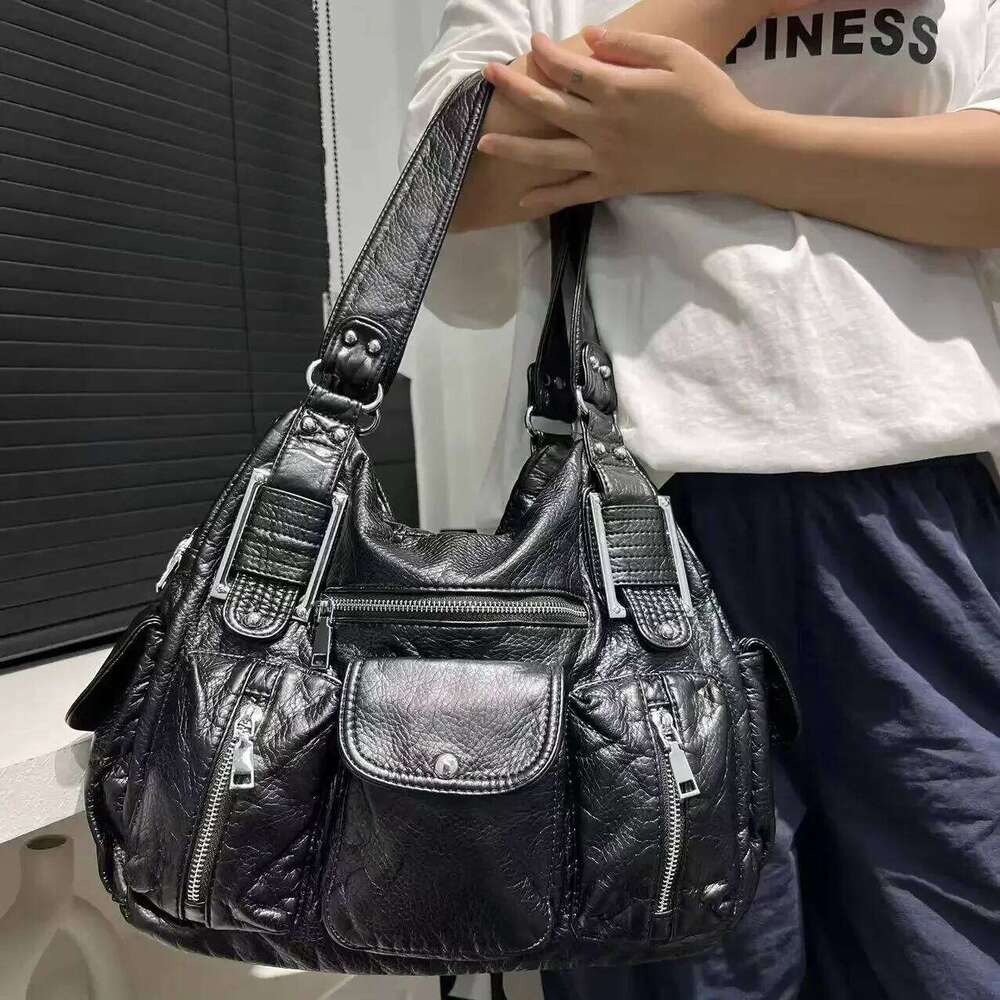 Women's Bags Designer Women's Fashion Y2k Hot Girl Distressed Tote Multi-Pocket Washed Vegan Leather Shoulder Bag