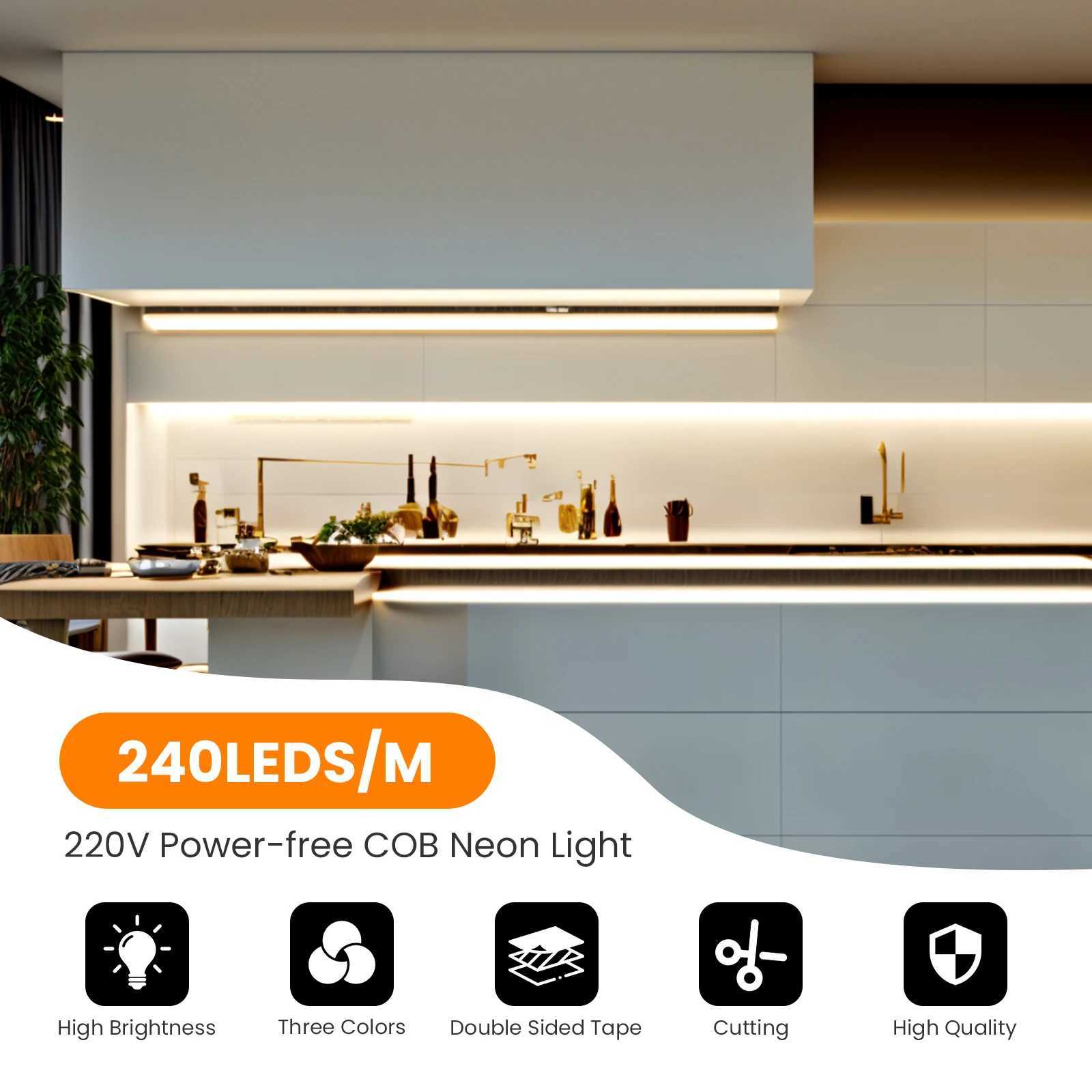 COB LED Strip Super Bright 220V 240V IP65 Waterproof LED Tape Flexible 240 LED/m RA90 Outdoor Linear Lighting Natural/Warm/White W250526