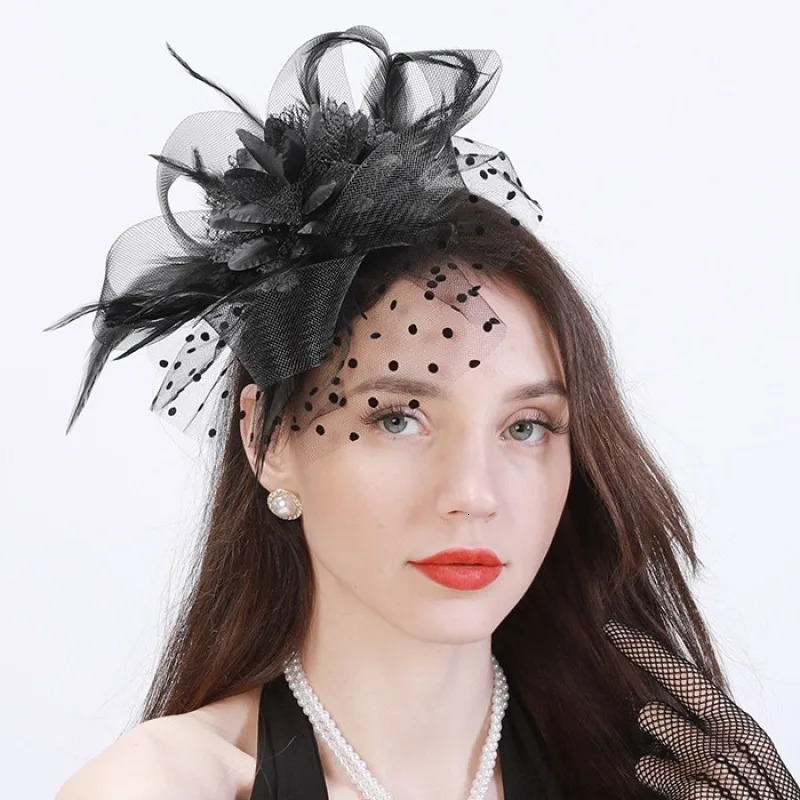 Women Mesh Flower Fascinator Hat Wedding Party Feather Floral Mesh Veil Headband Ladies Cocktail Tea Party Hair Accessories 250520