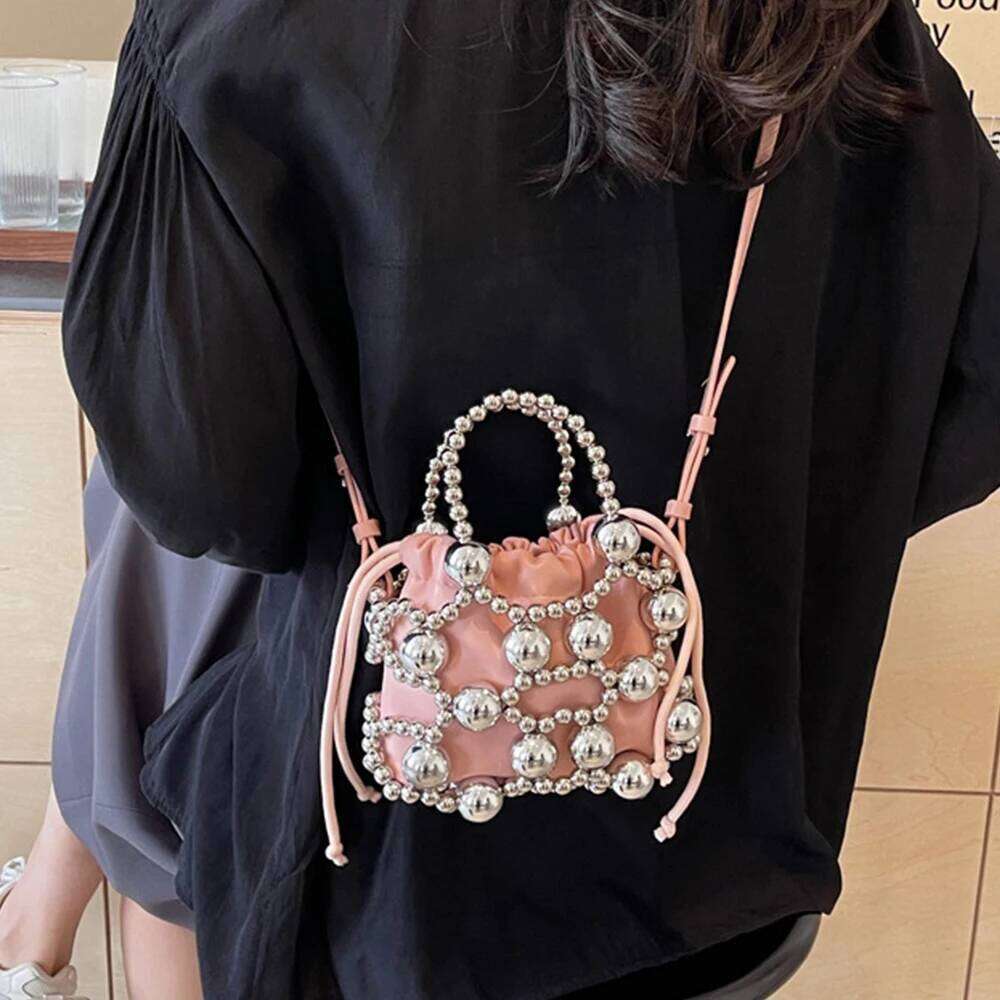 Beaded Handbags Hollow Woven Pearls Bags for Women Fashion Drawstring Shoulder Lady Evening Bag Party Wedding Clutch