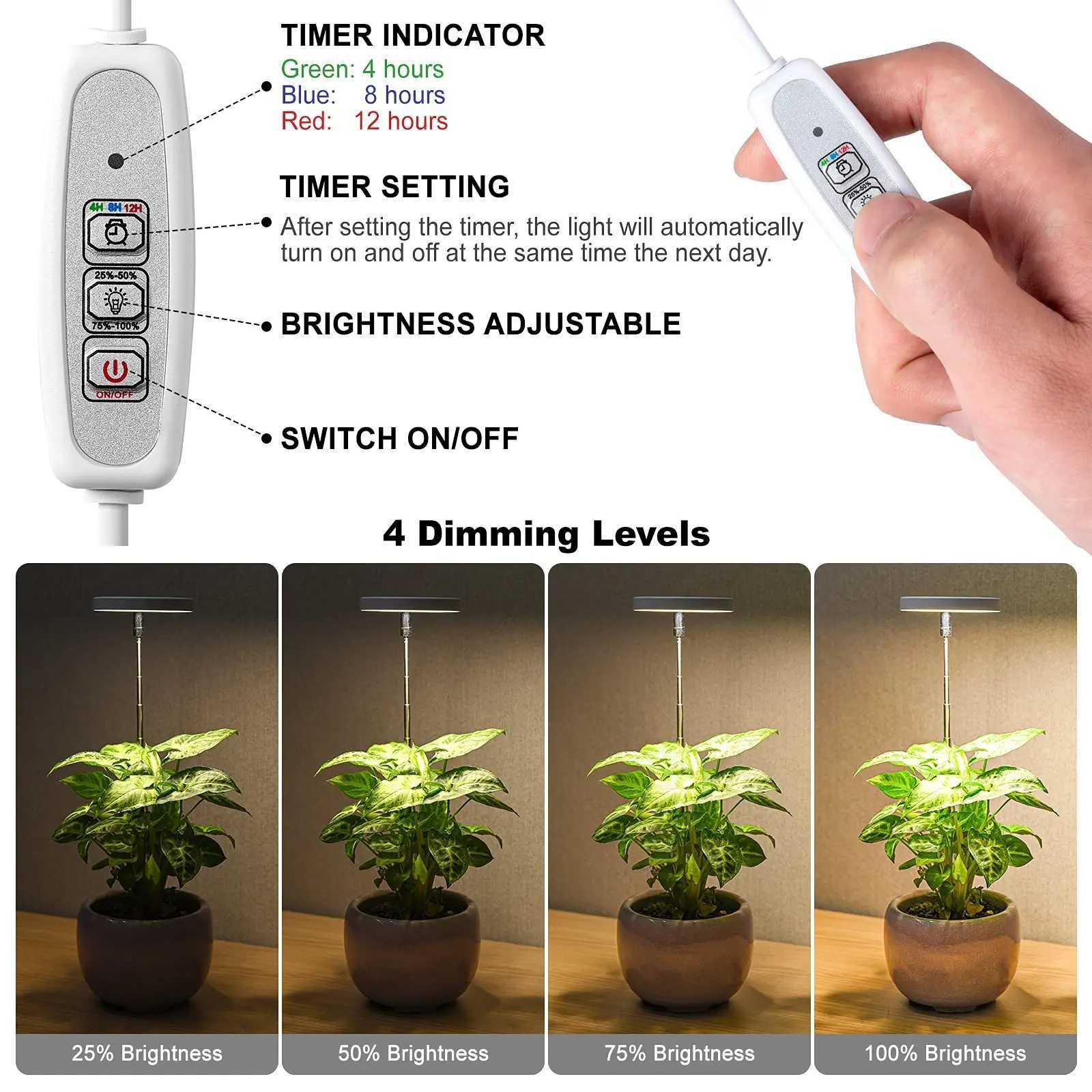 Full Spectrum LED Grow Light for Indoor Solar Plants Height Adjustable with 4/8/12H Timer 4-Level Dimming Floor Lamp SucculentsXJ250526