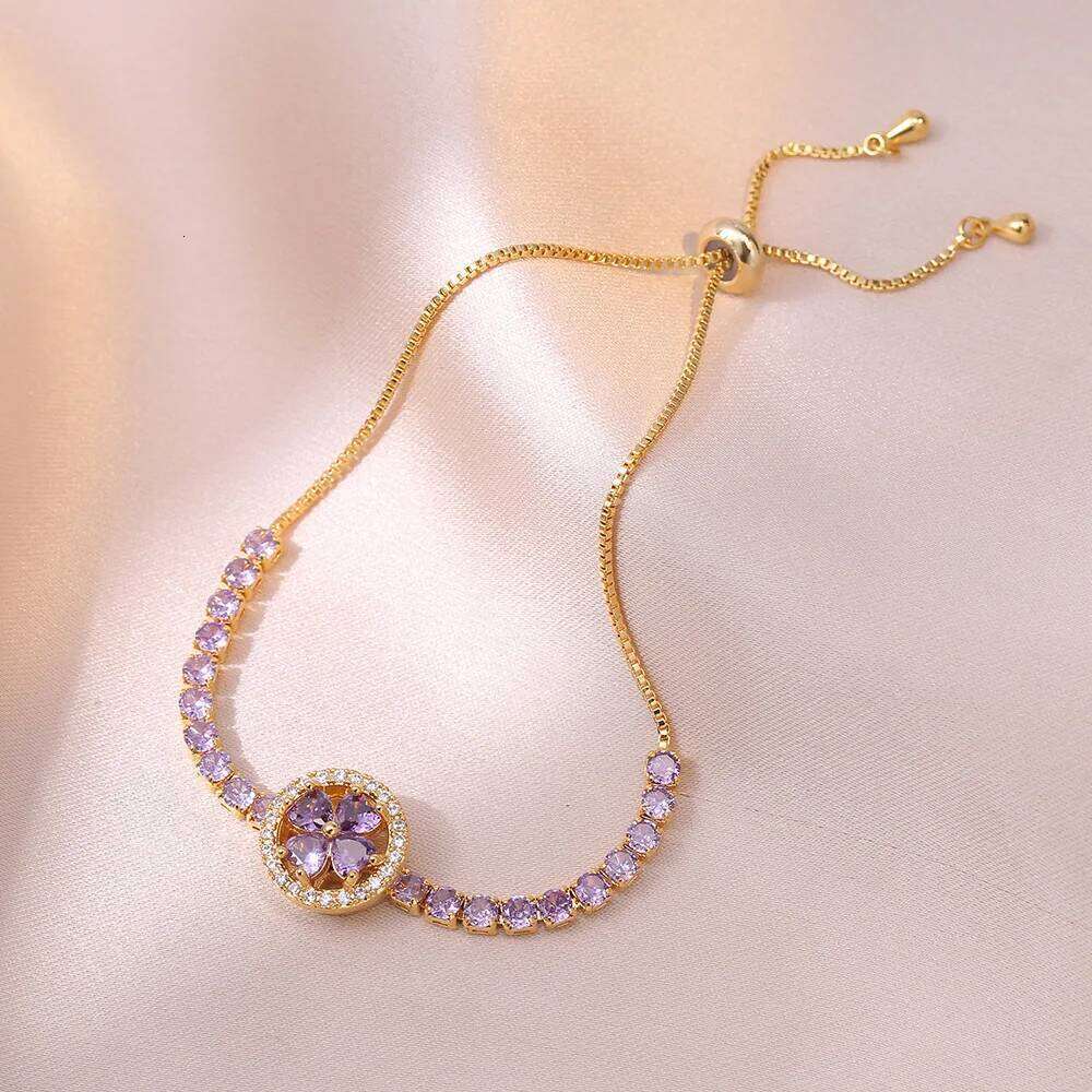 Sweet Flower Purple Zircon Pendant Necklace Earrings Set For Women Girls Stainless Steel Chain Party Accessories Jewelry