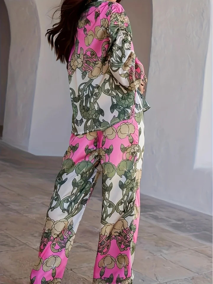 Plus size womens spring and summer ethnic style fashion trend random print casual half-sleeved shirt and trousers suit 250519