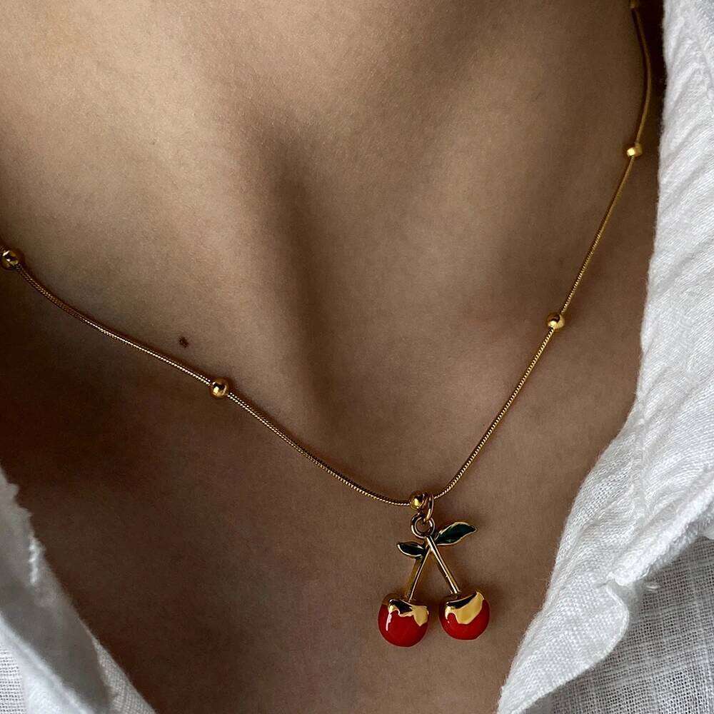 Summer Women's Stainless Steel Pendant Necklace Golden Chain Strawberry Watermelon Cherry Pendants Women Jewelry Sets Gift Trend