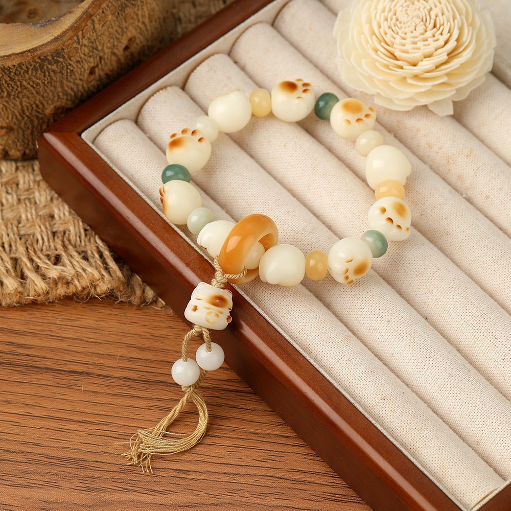 Chinese Handstring White Jade Bodhi Fortune Cat Style Bracelet Buddha Beads Cultural Toys Scenic Spots Temple