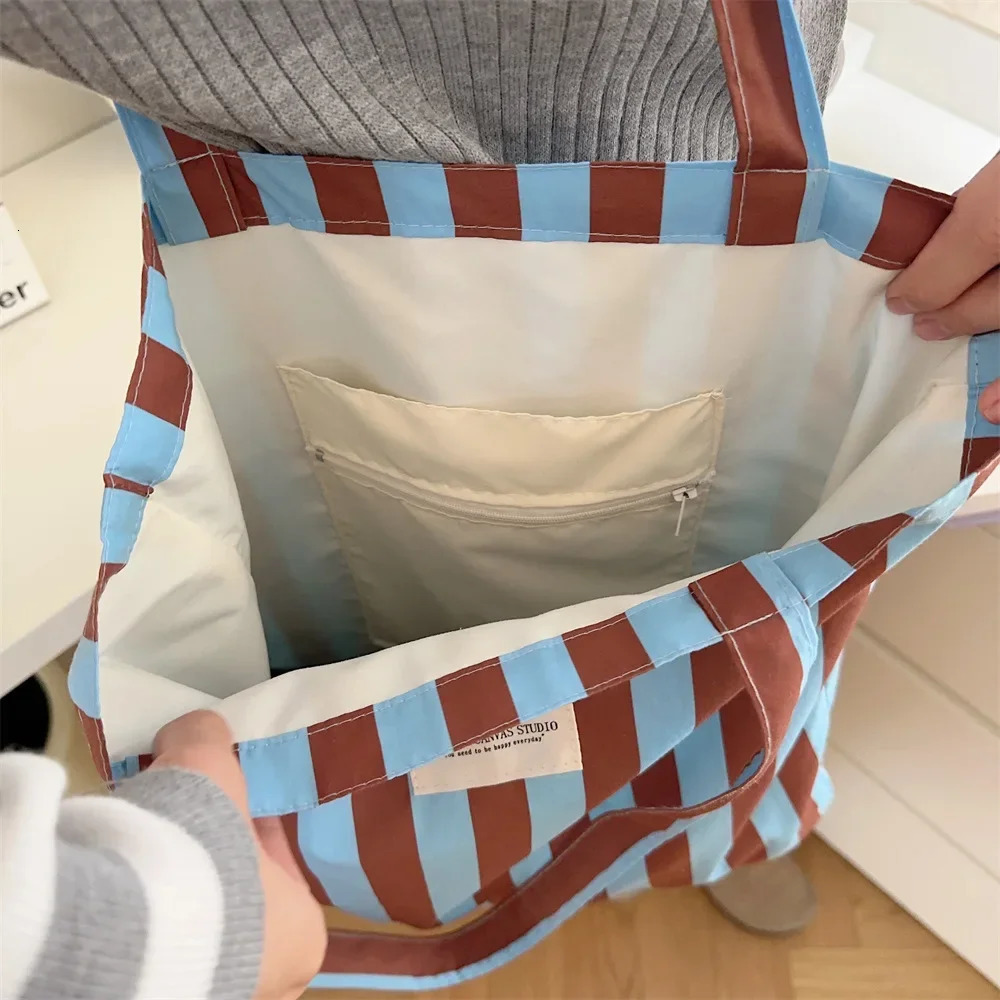 Vintage Stripe Womens Canvas Shoulder Bag Large Capacity Female Daily Shopping Bags Casual Portable Ladies Travel Tote Handbags 250526