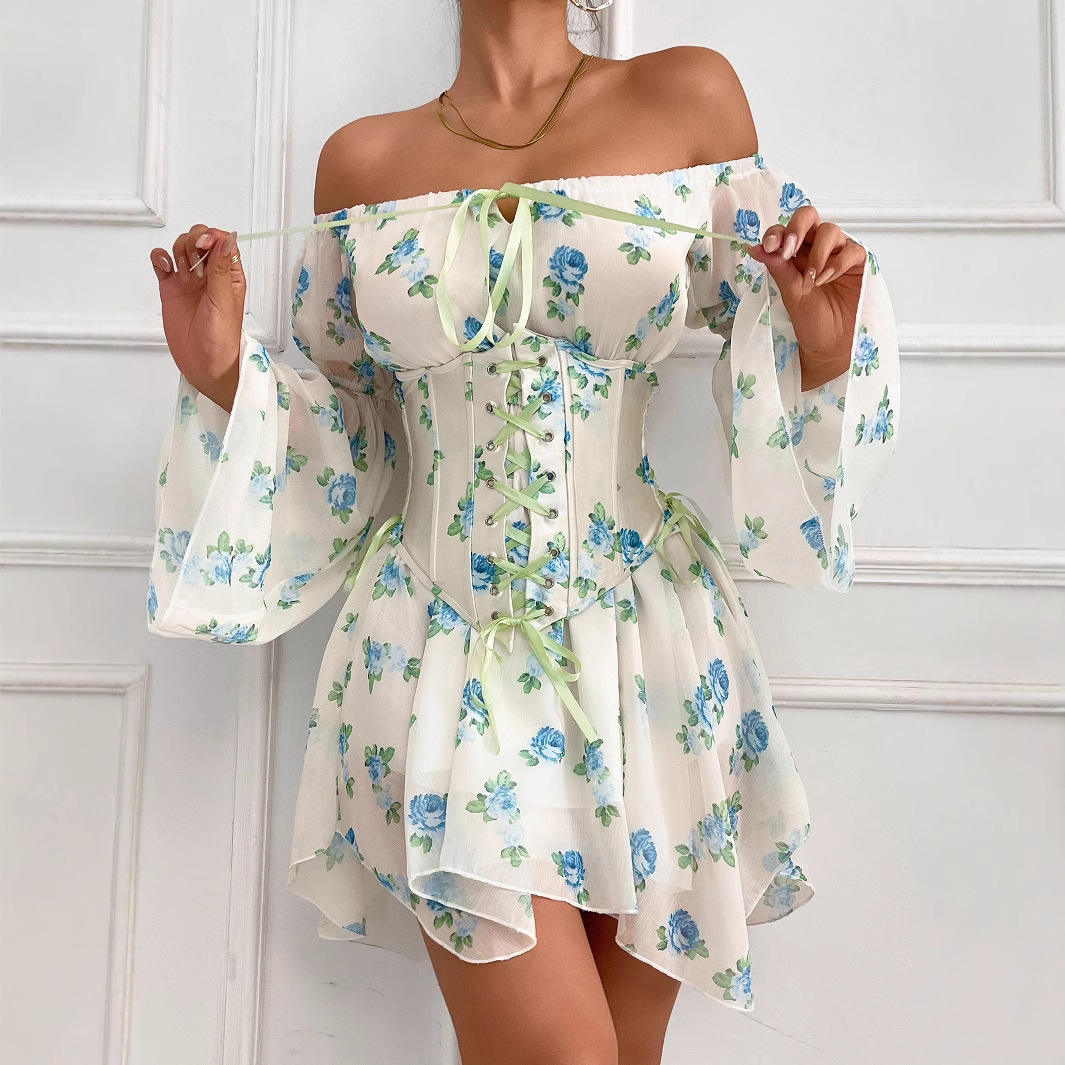 Womens printed floral dress with lace up one shoulder long sleeved waist and detachable short skirt
