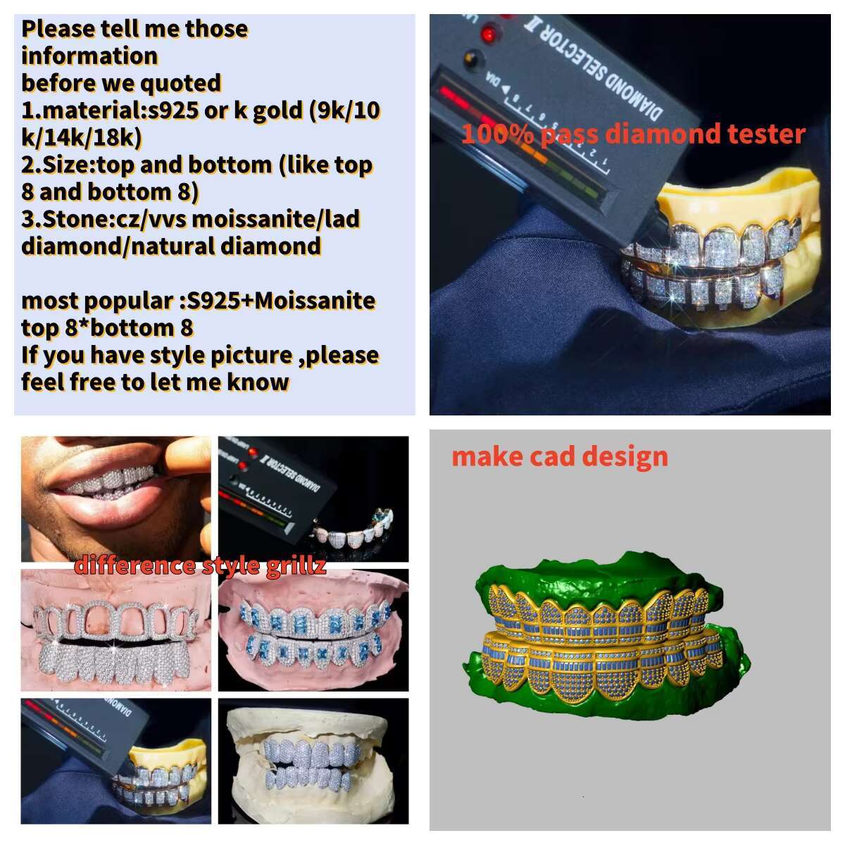 Custom Vvs White Moissanite Grillz Hip Hop Iced Out Diamond 10K 14K 18K Gold 925 Silver Custom Grillz for Teeth