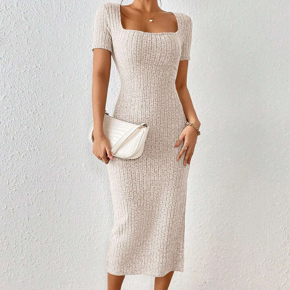 Tight Cut Out Dresses New Slit Slim Fit Bodycon Short Sleeve Square Neck Knitted Dress For Women PG Sexy Dress