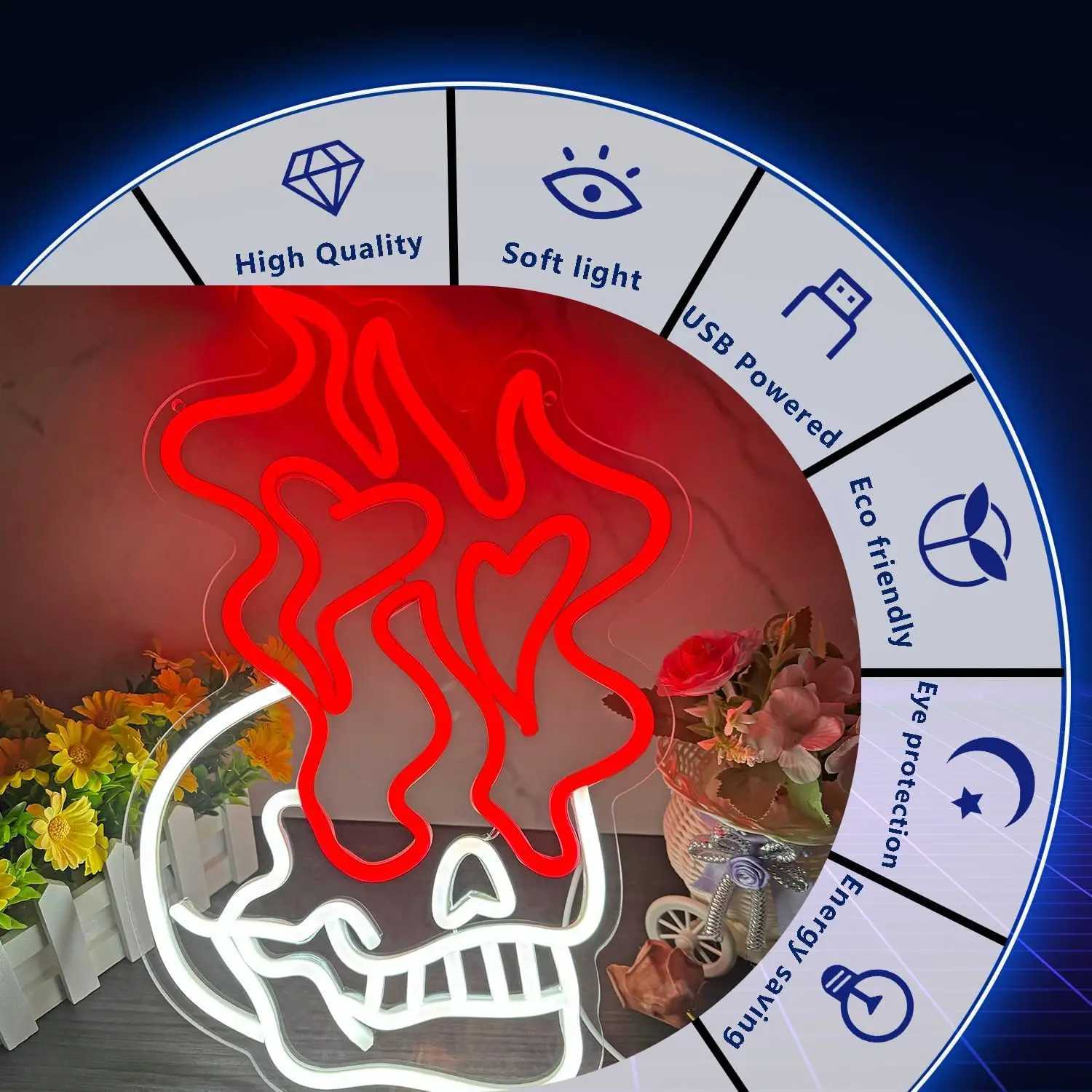 Flaming Skull Neon Sign USB Powered Dimmable Neon Light For Wall Decor Bedroom Man Cave Decor Party Birthday Handmade Art Gift W250526