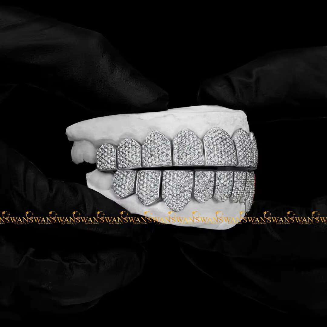 Trending Hp Hop Teeth Grillz Made by 925S Silver and Crafted From Moissanite Round Brilliant Cut VVs Clarity Diamonds for Men