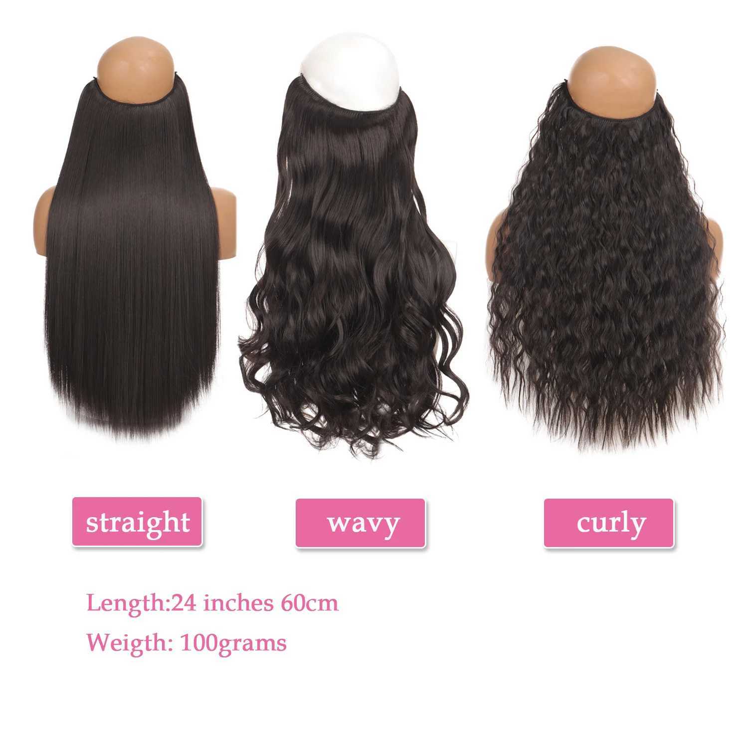 Synthetic One piece Hair Extensions No Clip No Glue Invisible 24inch Long Straight Wave Heat Resistant String Hairpiece S25526