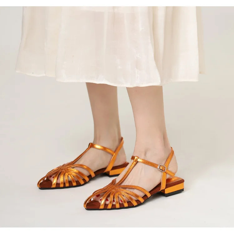 ZAROY TStrap Square Low Heel Sandals Women Shoes Retro Roman Peep Flat Cross Tied Summer Slingback Hollow Sandals 250526