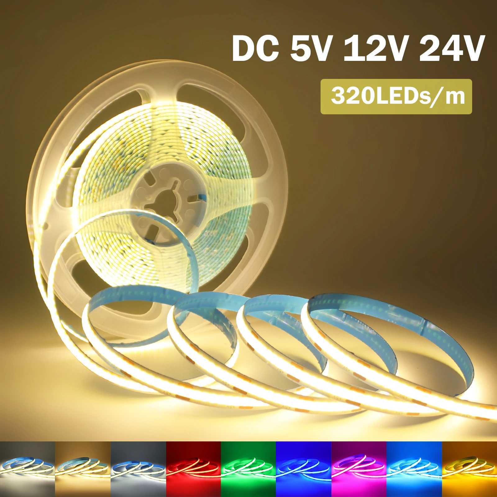 5V 12V 24V COB LED Strip 8mm PCB Width 320LEDs/m Warm Nature White Red Green Ice Blue Yellow Pink Flexible Tape for Room Decor W250526