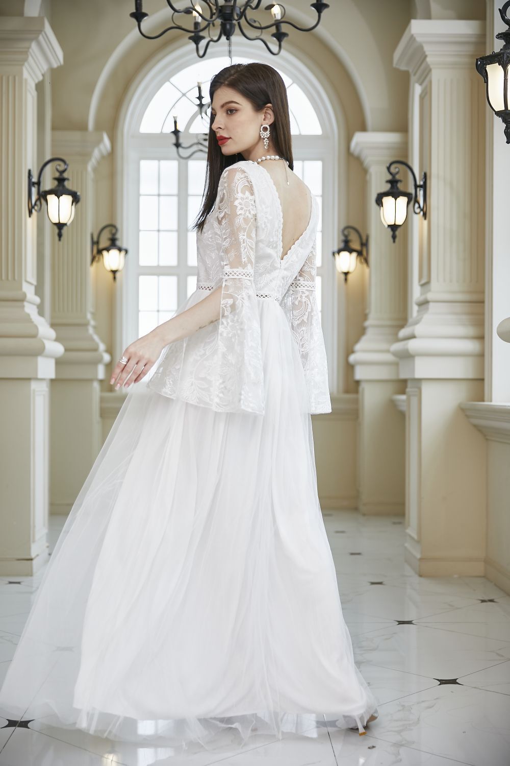 Womens Sexy Long Sleeve White Lace Mesh Thin Bridal Wedding Dress