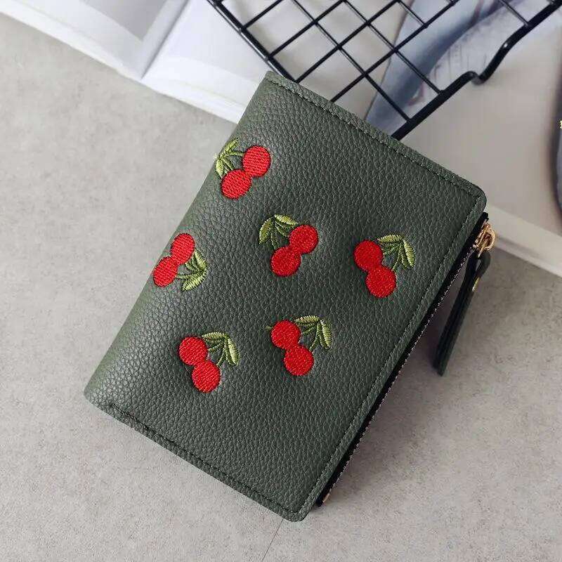 Women Vertical Buckle Cherry Embroidered Small Short Simple Wallet Girls Zipper Purse