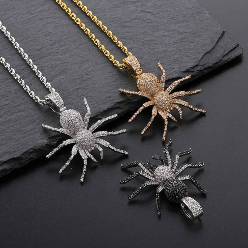 New Iced Out CZ Spider Pendant Necklace Mens Micro Paved Hip Hop Gold Sier Color Bling Charm Chains Jewelry