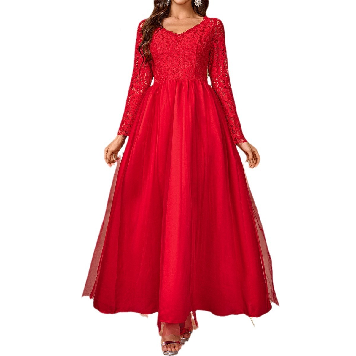 New womens mesh lace long sleeved dress red evening gift