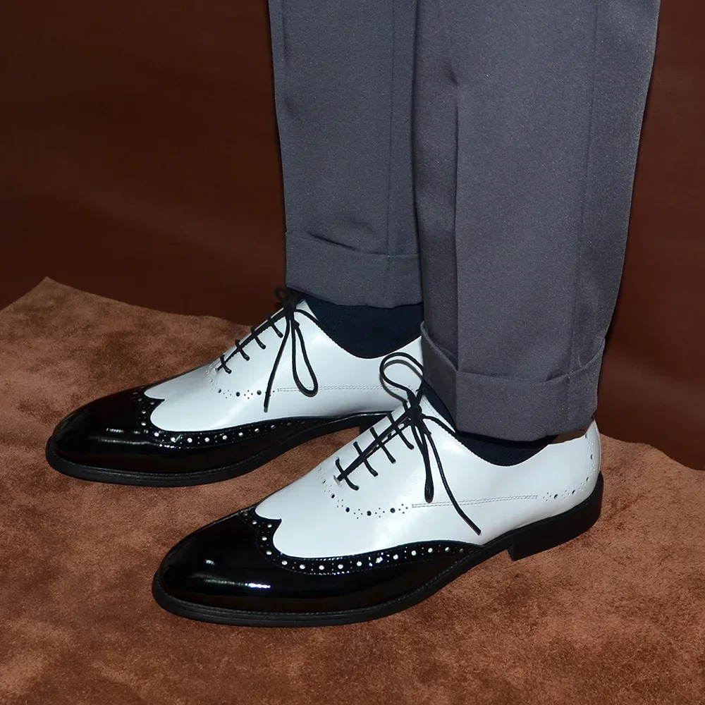 Formal Oxfords Shoes for Men White Black Real Cow Patent Leather Business Lace-up Wingtip Toe Brogue Wedding Mens Dress Shoes 250526