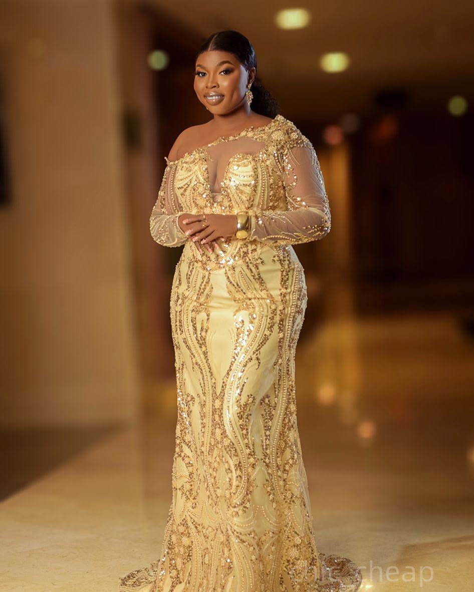 Gold Mermaid Prom Dresses 2025 Sequined One Shoulder Full Sleeves Evening Formal Party Second Birthday Engagement Gowns Plus Size Dress For Special Oc