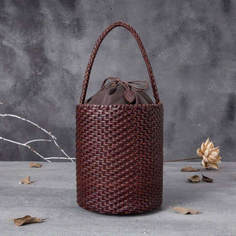 Genuine Leather Women Shoulder mall ethnic style round bucket Vintage Tote Bag Cowhide hollow woven bag