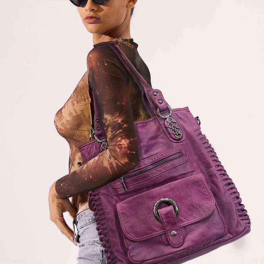 Women's Bags Designer Ladies' Fashion Street Y2k Hot Girl Washed Used Motorcycle Bag Large Capacity Retro Single Shoulder Handbag