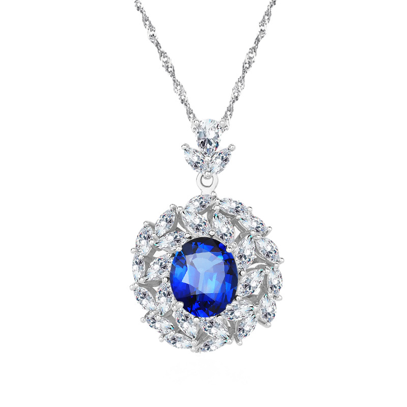 925 Sterling Silver Emerald and Sapphire Pendant Necklace with Full Diamond Inlay, High-End Adjustable Necklace for Women