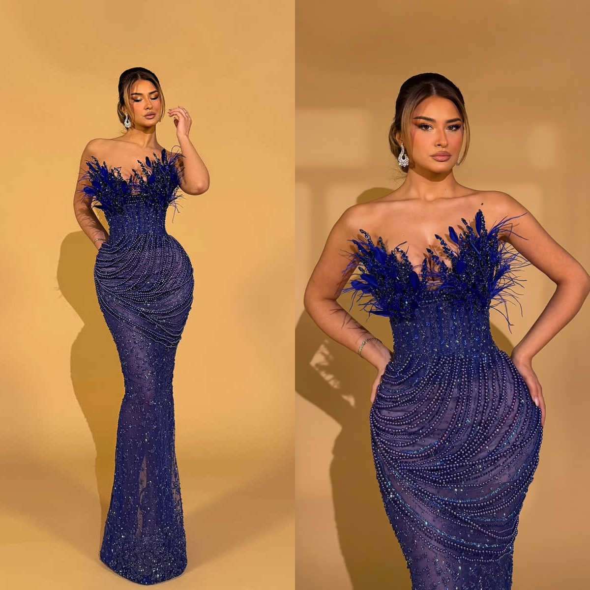 Vintage Evening Dresses For Women Sweetheart Neck Sleeveless Gown Sequins Beading Feather Sweep Train Dress Party Customized Dress