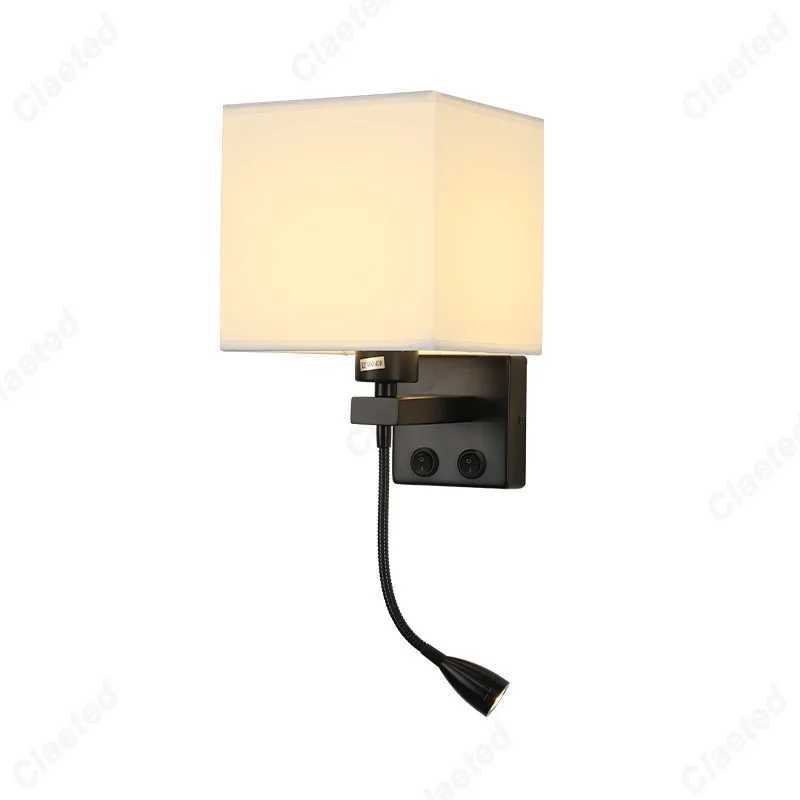 LED Fabric Lampshade E27 with Switch Wall Light USB Charging Port Adjustable Angle Spotlight Bedroom Bedside Reading LightXJ250526