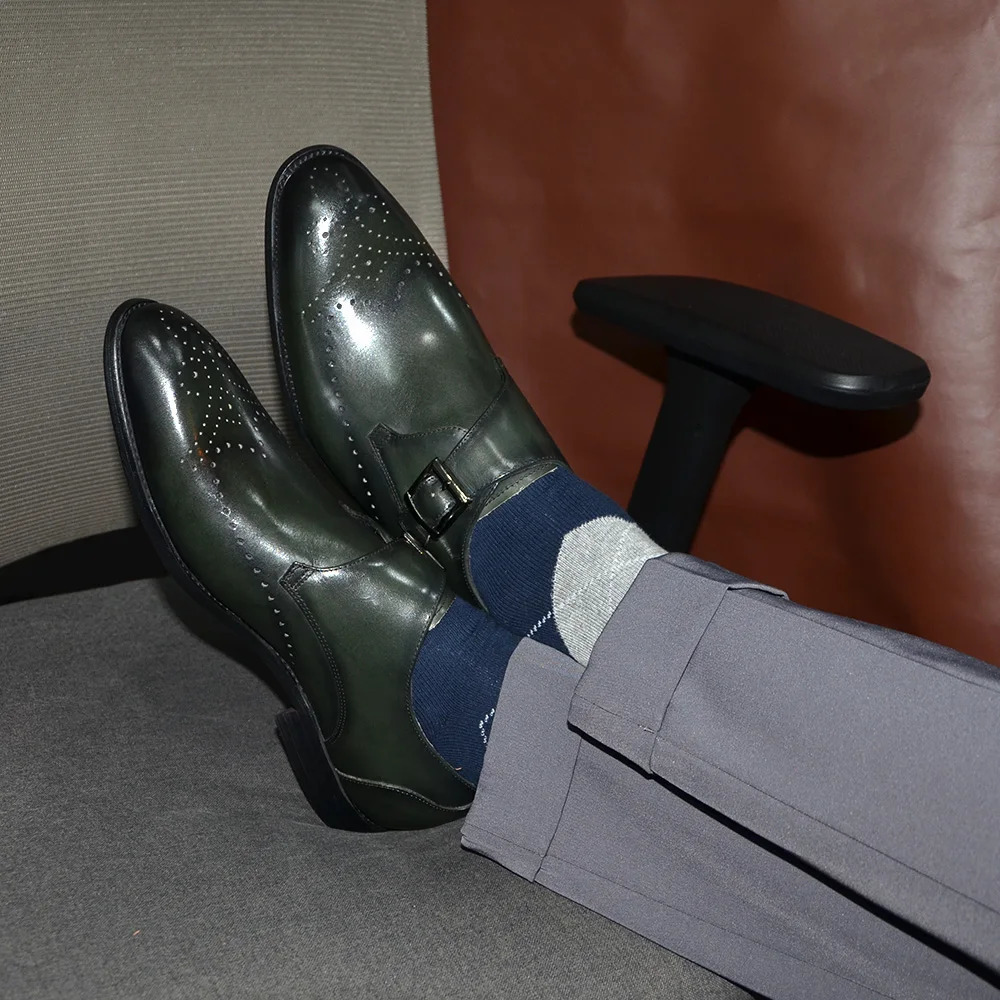 Elegant Mens Basic Monk Strap Dress Shoes Genuine Leather Single Buckle Green Black Loafer Brogue Party Wedding Formal Man Shoe 250526