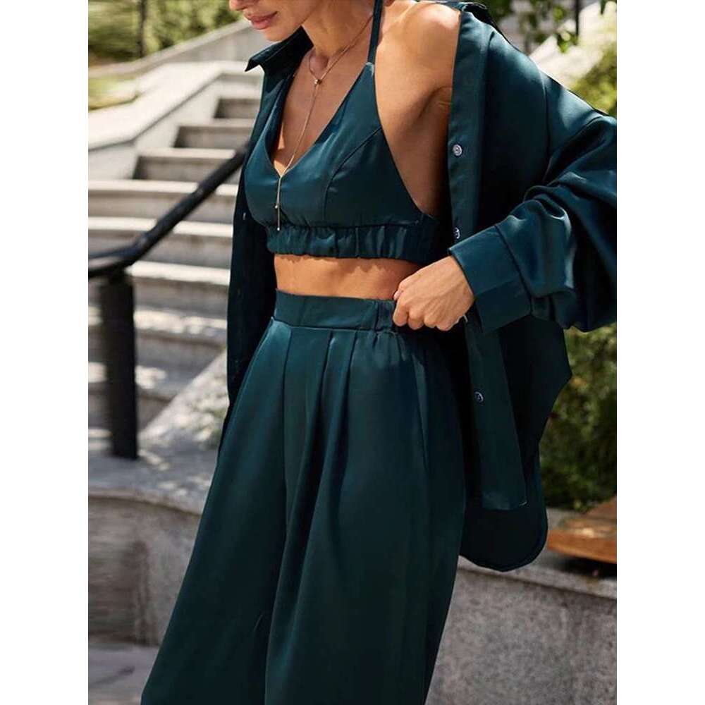 Sexy Bra Shirt Pants Suits Women Satin Lapel Long Sleeve Single Breasted Loose Blouse With Straight Trousers Chic Ladies Outfits