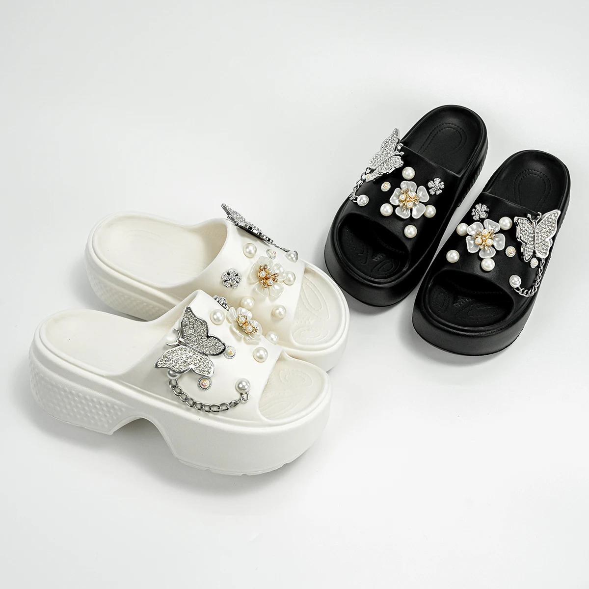 Fashionable Silver Butterfly Flower OneLine Sandals Outdoor ThickSoled Heightening E20 250526