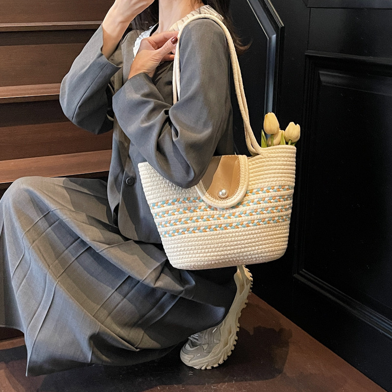 2025 New Fashion Cotton Woven for Women Vacation Beach Artistic Temperament Shoulder Tote Bag