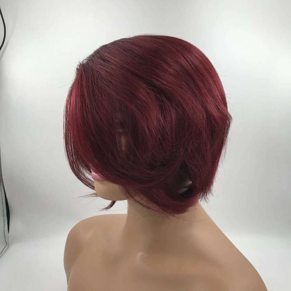 99J Pixie Cut Short Bob Human Hair For Women Full hine Made Wine Red Wigs With Bangs Christmas Party