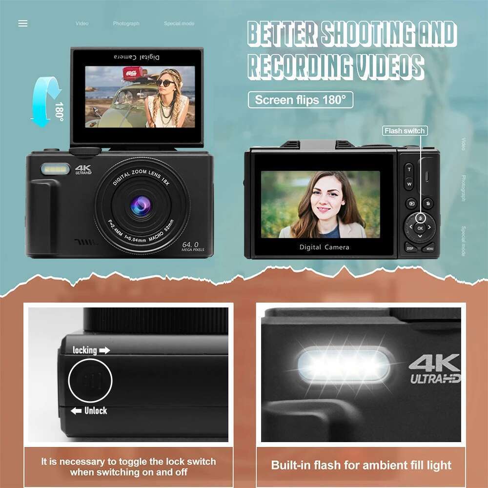 4K For Photography And 18X Digital Zoom 64Mp Compact Vlogging Camera 3'' 180 Flip Screen With Flash