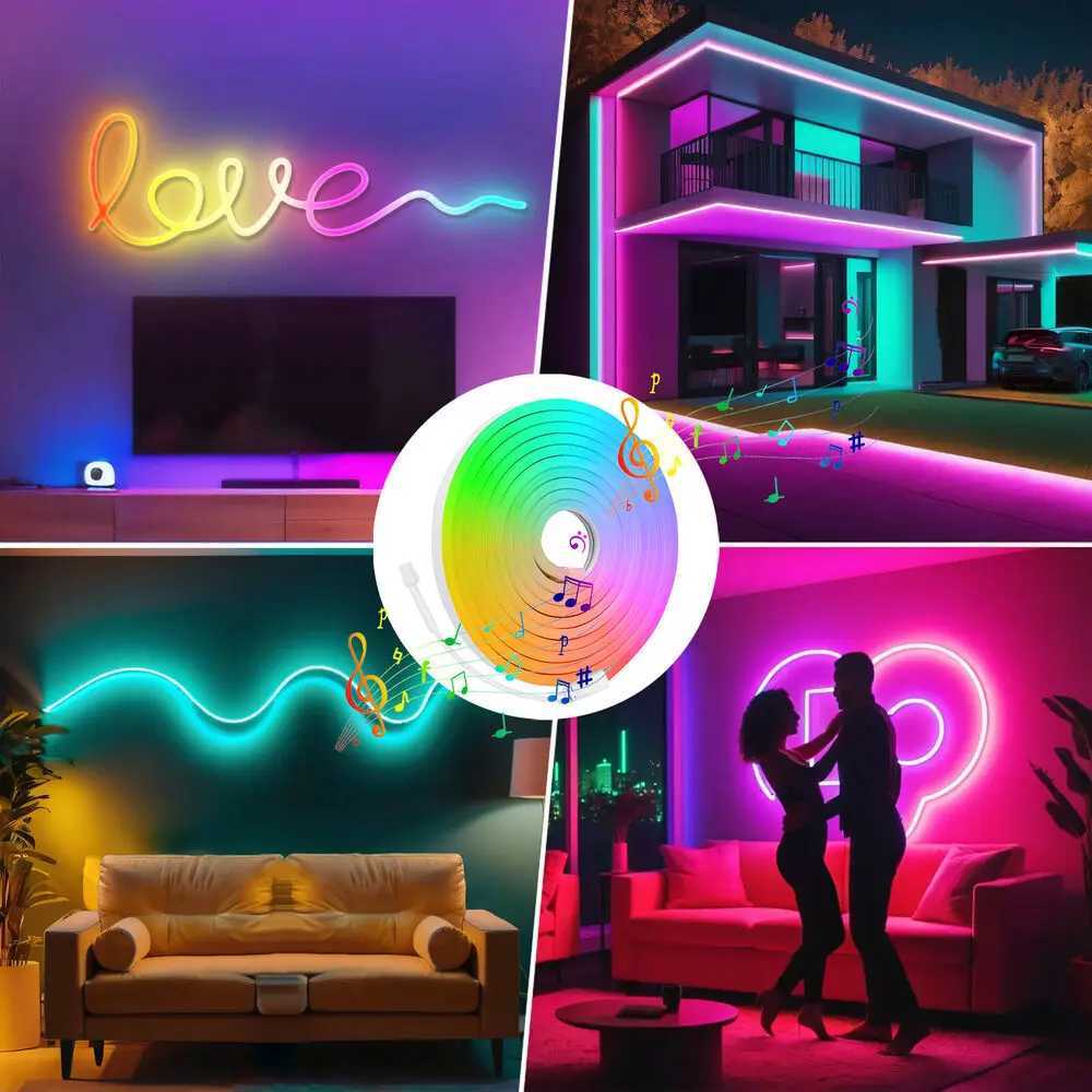 24V RGBIC 5m 10m 20m LED Neon Strip Light Bluetooth APP 24key Remote Control Dream Color Rope Music Sync 60LED Waterproof Decor W250526