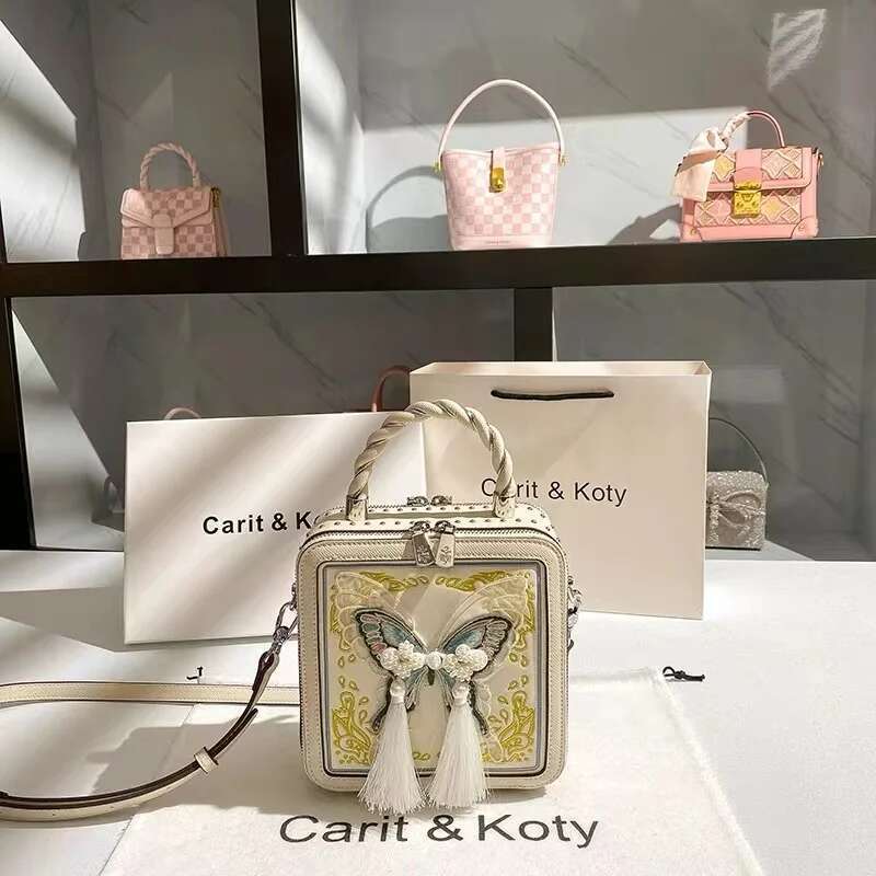 Fashion Pearl Beaded Tassel Women Handbag High Quality Textured Leather Embroidery Square Lady Purse Shoulder Messenger Bag