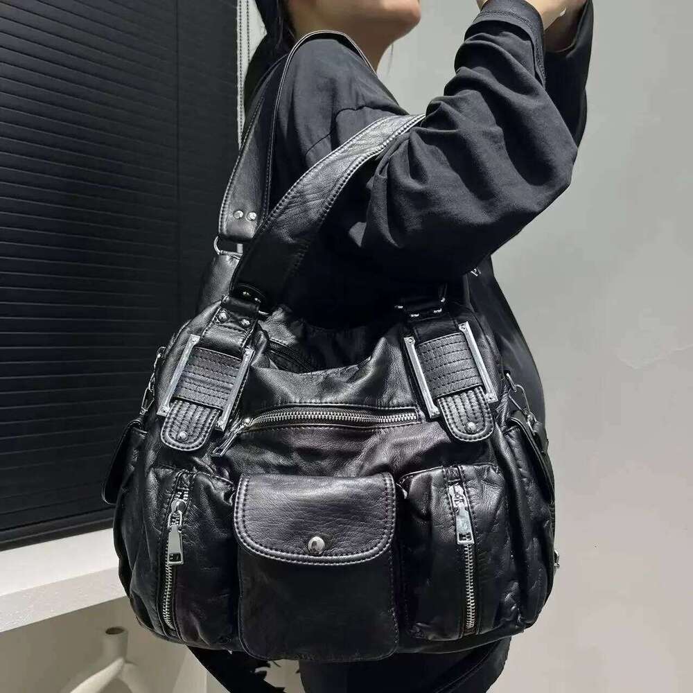 Women's Bags Designer Women's Fashion Y2k Hot Girl Motorcycle Old Lychee Pattern Multi-Pocket Shoulder Crossbody Bag