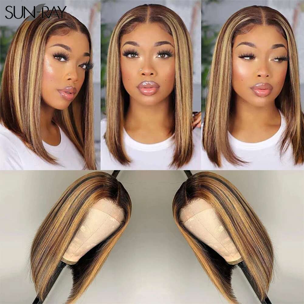 Glueless wigs Wear & Go Highlight Piano Colored Straight For Women Brazilian Virgin Short Bob Lace Part Wigs