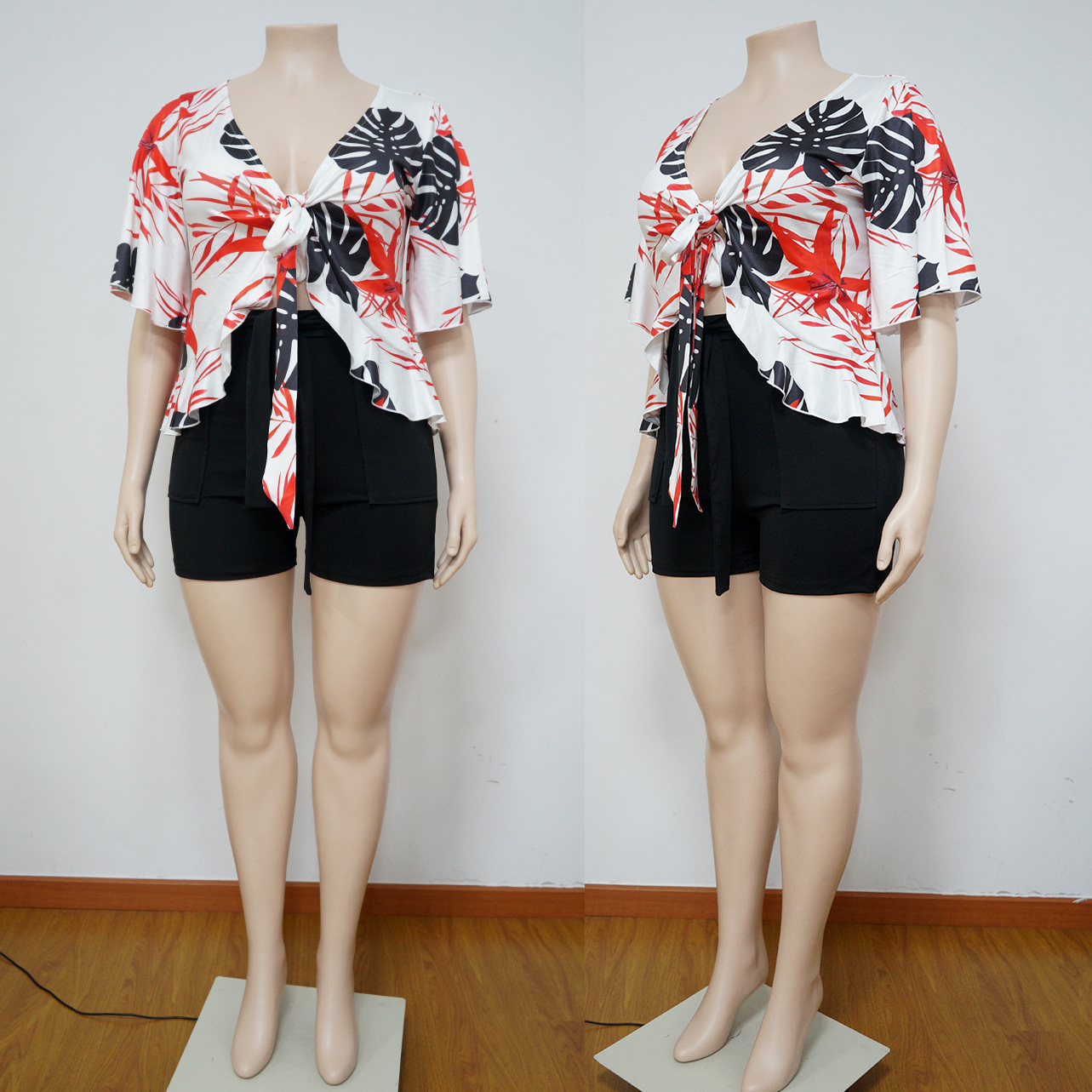 Women short Sleeve V Neck Sexy Printed Tracksuits Plus Size Two-Piece Casual T-Shirt and Shorts Set