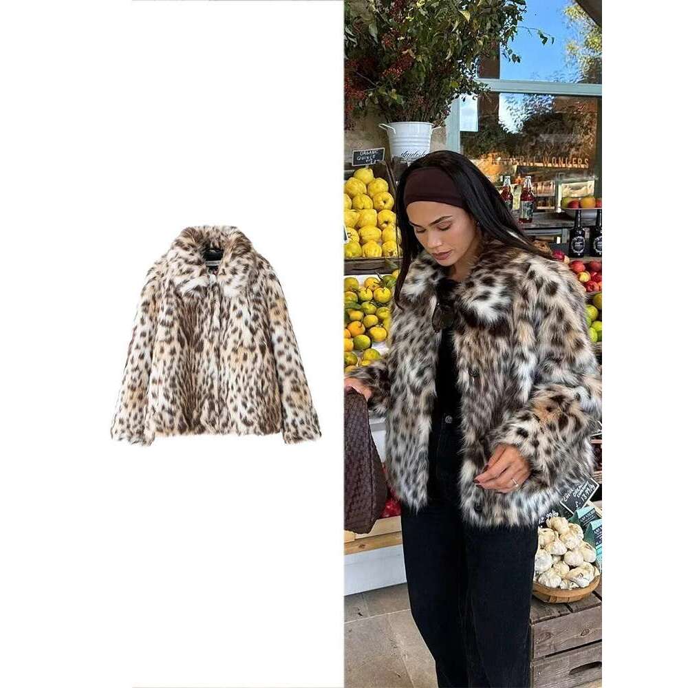 TRAF Women's Fashion Retro Leopard Long Winter Warm Lapel Coat Fluffy Faux Fox Fur Thickened Jacket