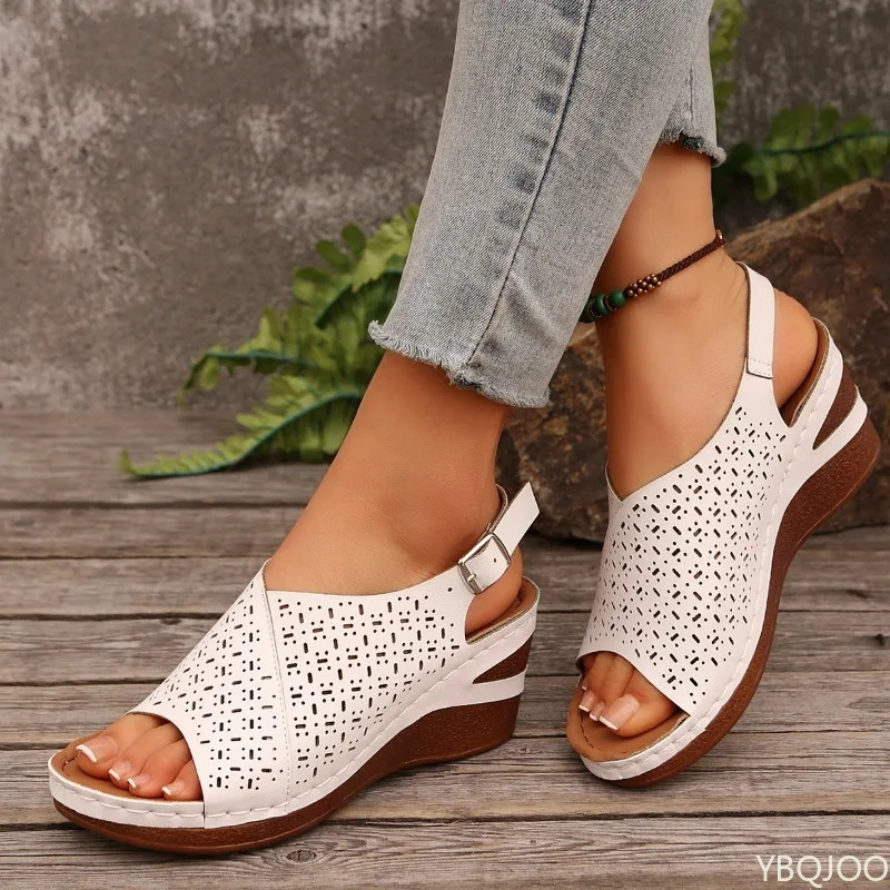 Fashion Thick Sole Beach Shoes Hollow Breathable Wedge Sandals for Women Summer Woman Peep Toe Platform flat shoes 250526
