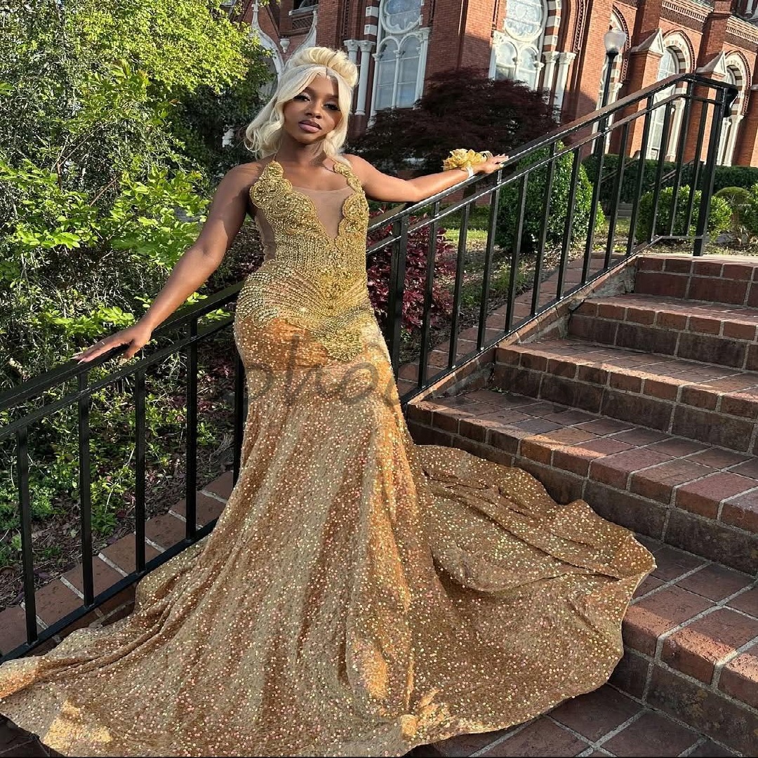 Luxury Gold Rhinestone Prom Dress Full Sequin Black Girls Mermaid Evening Dress 2025 African Formal Occasion Bespok Birthday Dress Vestio De Noche