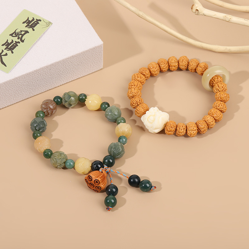 God of Wealth Temple Lotus Root Hand String White Jade Bodhi Female Style Safe Girlfriend Cultural Play Duo Bao Money Flower Bracelet