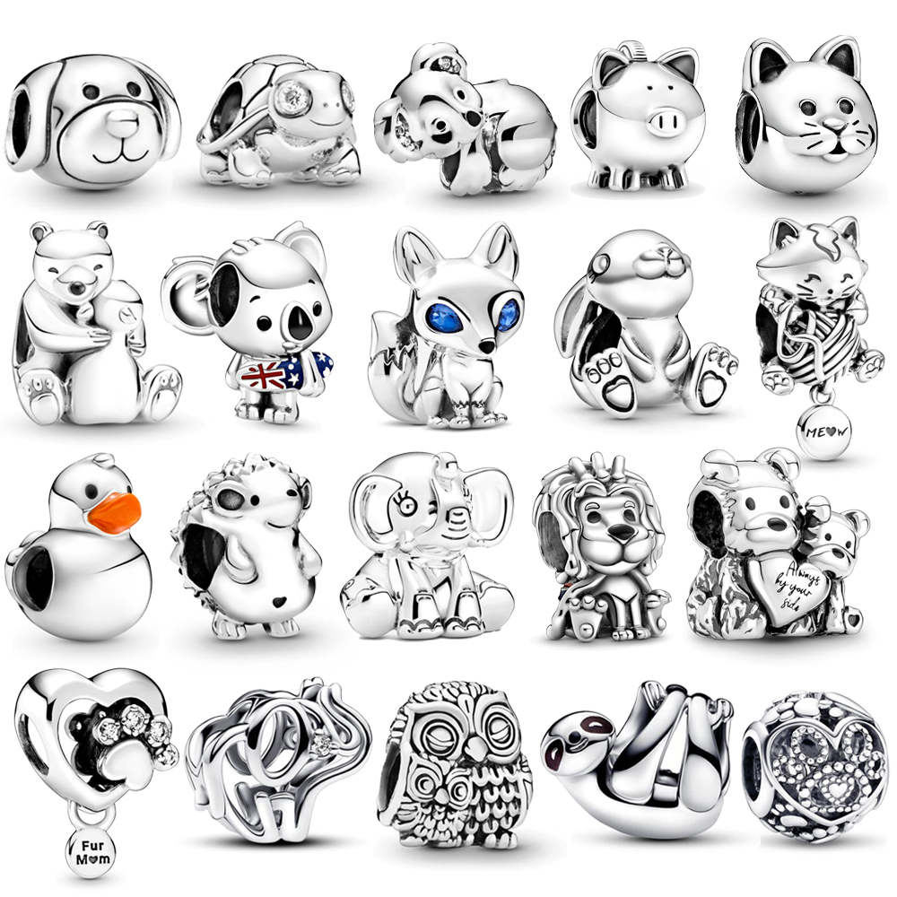 FewDook 2025 New Arrival Silver Plated Cute Animal Series Elephant, Fox, Koala, Bear, Cat & Dog Bead Charm Fit Original Pan Bracelet DIY Women Fine Accessories Jewelry Gift