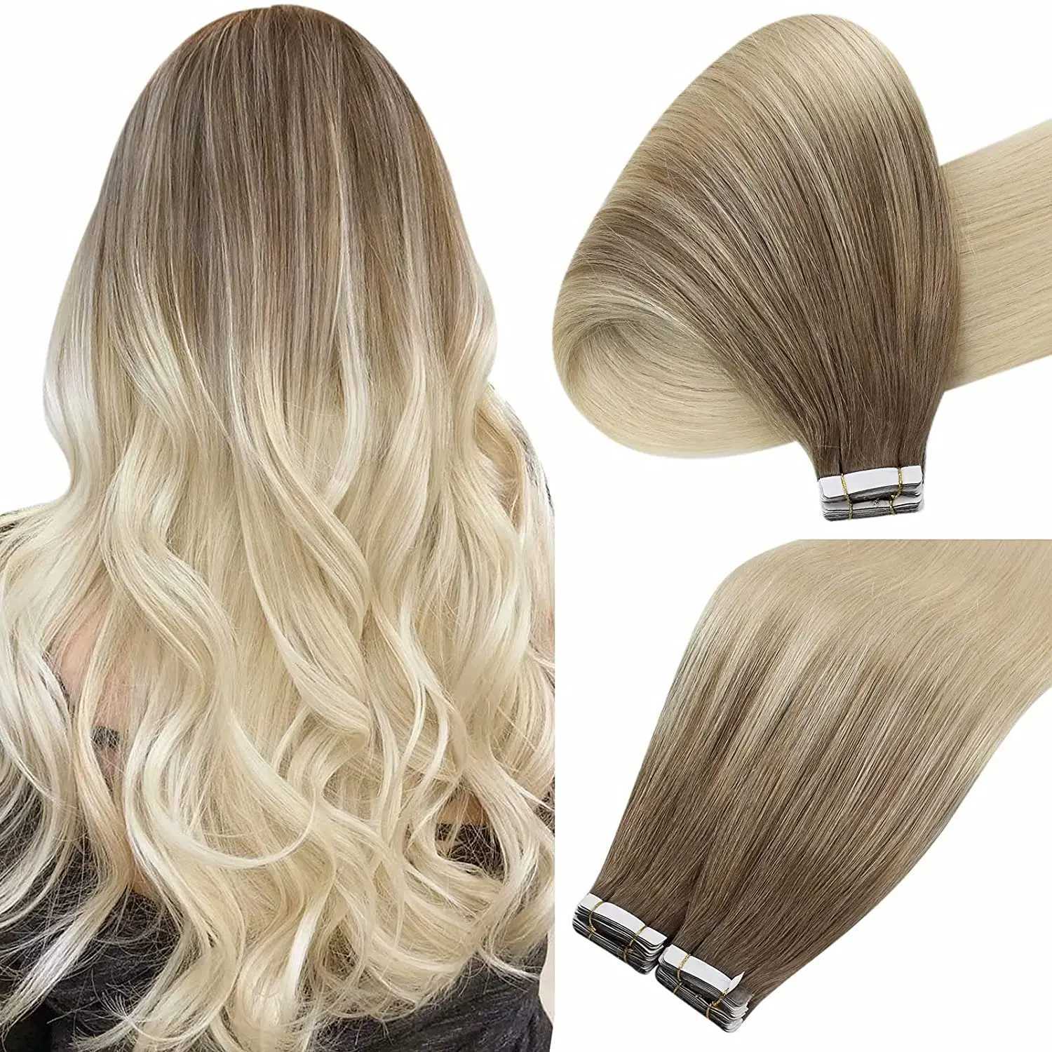 VeSunny Tape in Hair Extensions Silky Straight Hair 100% Real Human Hair Invisible Black Seamless Tape in Human Hair Extensions S25526